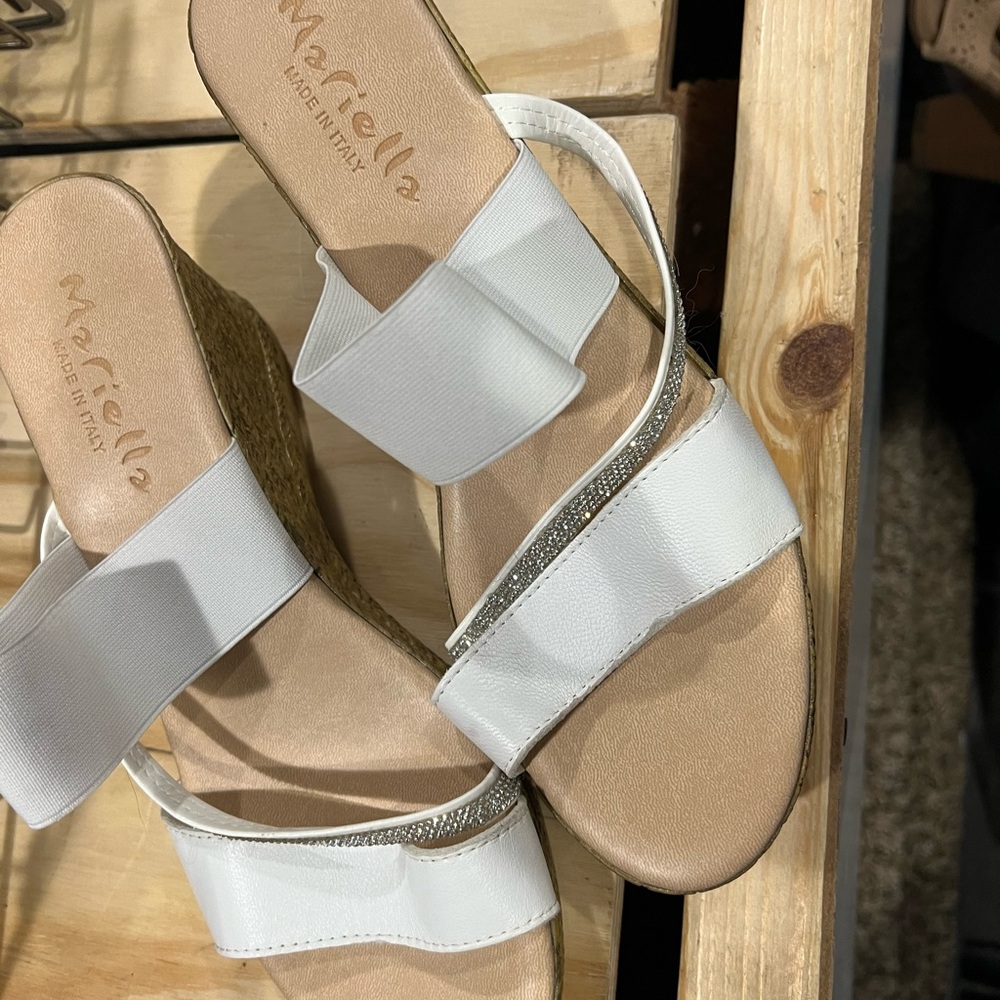 White and Tan Wedge Shoes with Wide Straps